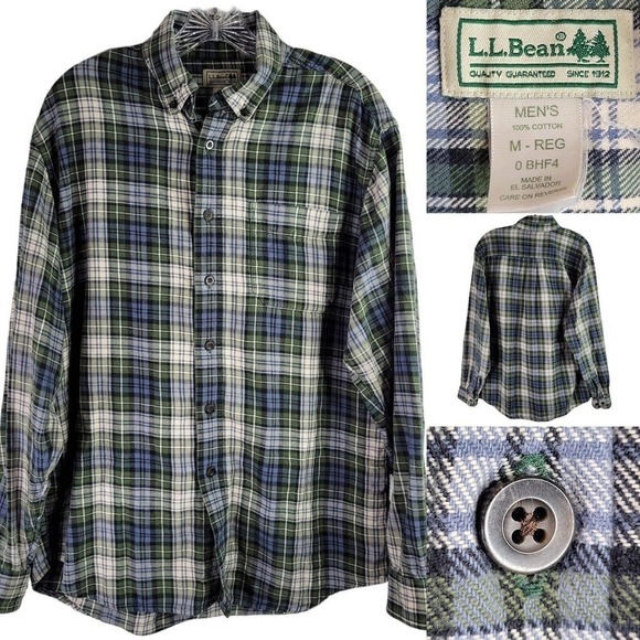 L.L. Bean Men's Medium Green Plaid Long Sleeve Collared Button Up Flannel Shirt - Picture 1 of 7
